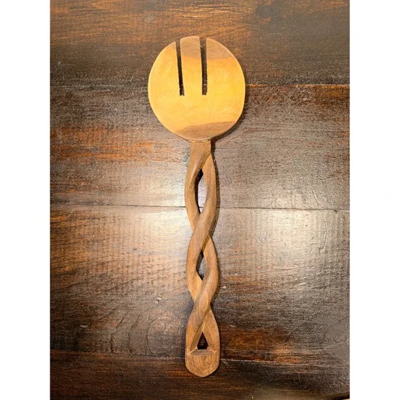 Hand Carved Olivewood Spiral Wooden Salad Server‎ Spoon Utensil