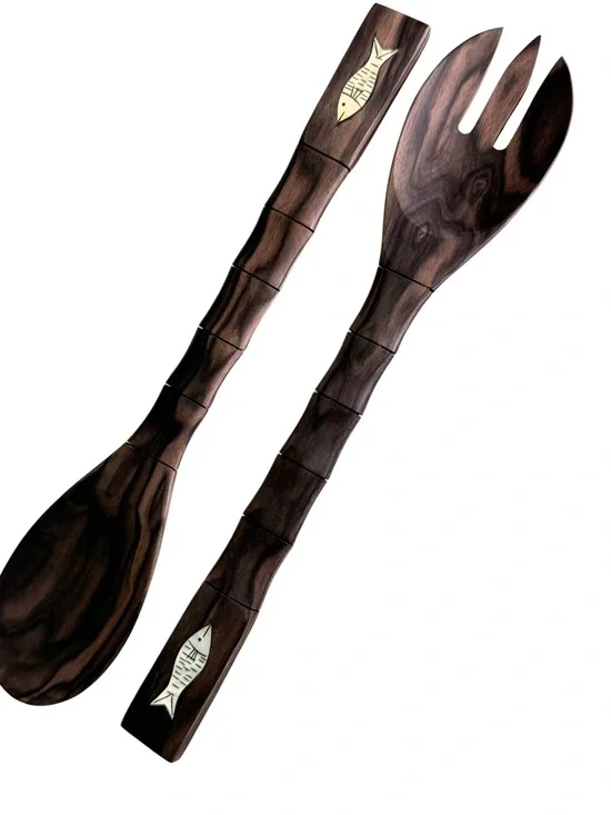 Vintage Filipino Carved Wood Spoon Fork Decor Set