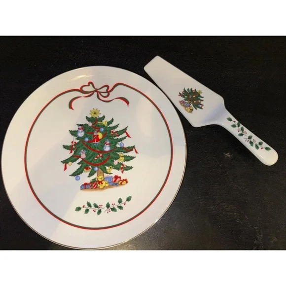 Vintage Christmas Tree Pie Cake Dessert Plate Utensil‎ Server Porcelain Japan