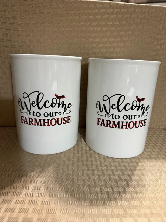 Welcome to Our Farmhouse Ceramic Utensil Crock - White with Red Accent- set of 2