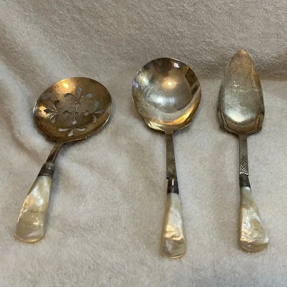 Continental Mfg Co NY Mother of Pearl Sterling Silver Plated Serving Set