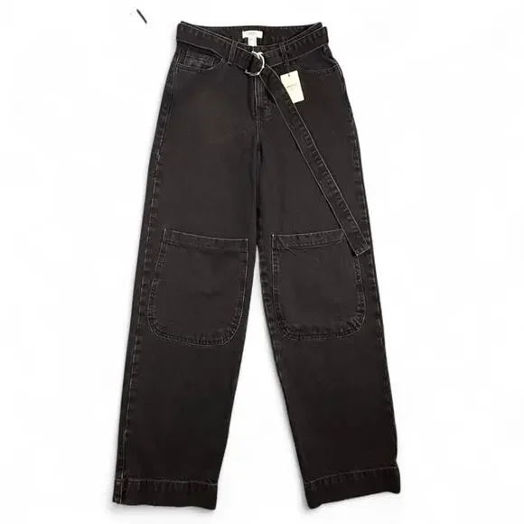Forever 21 Indie Sleaze Baggy Wide Leg Black Cargo Jeans 24 Grunge Goth‎ egirl