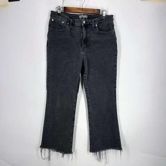 Madewell High-Rise Kick Out Jeans Faded Black Raw Hem Cropped Flare Pants Womens