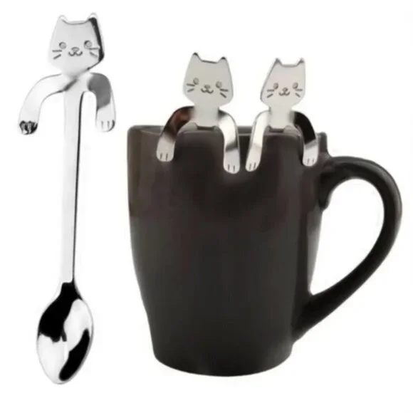 Cat Spoons Tea Spoons Stirrers Cup Hugging Kitty Cats Stainless Steel 2 PC Set