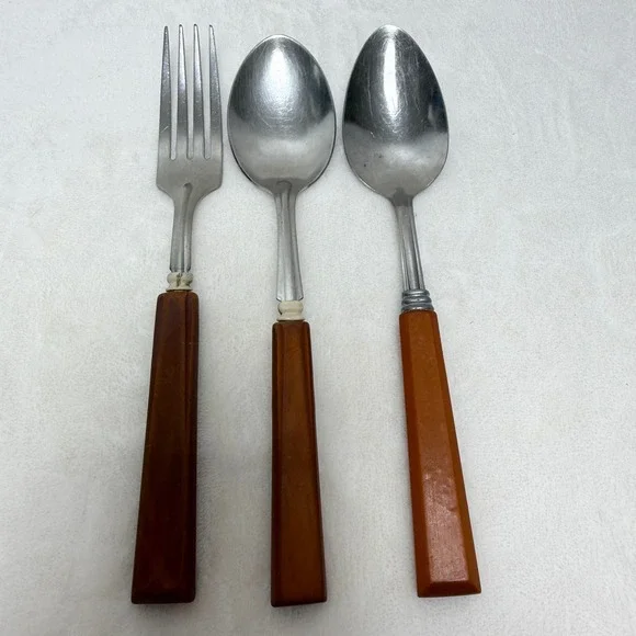 Vintage Butterscotch Handle Utensil Set 3pc Stainless USA Mid Century Modern MCM