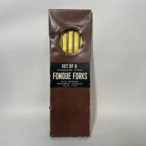 Vintage Fondue Forks Set of 6 Stainless Steel Wood Handles Color Coded In Box