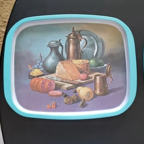 1970s Vintage Metal Trays – Still Life Fruit & Bread – Set of 2