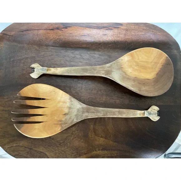 Vintage Hand Carved Giraffe Wooden Salad Servers Set Fork Spoon Rustic Safari