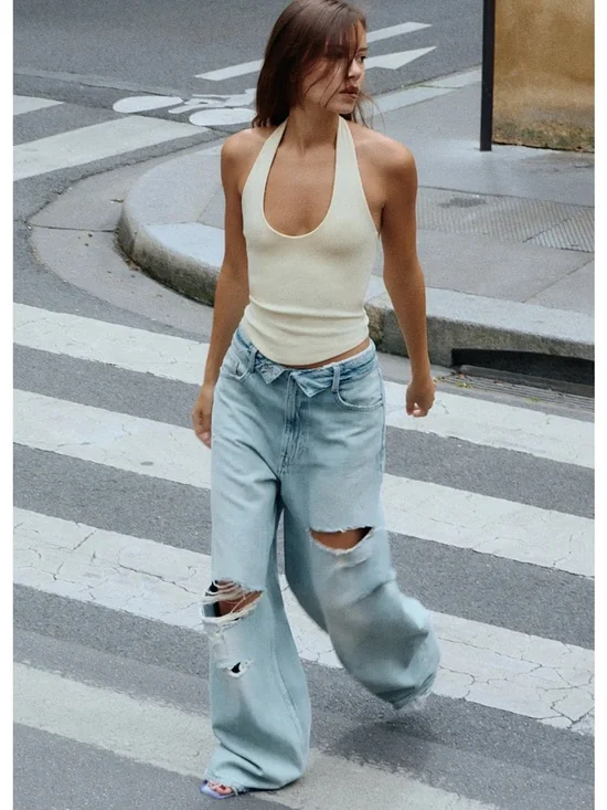 Zara Light Blue Wide-Leg Ripped Jeans