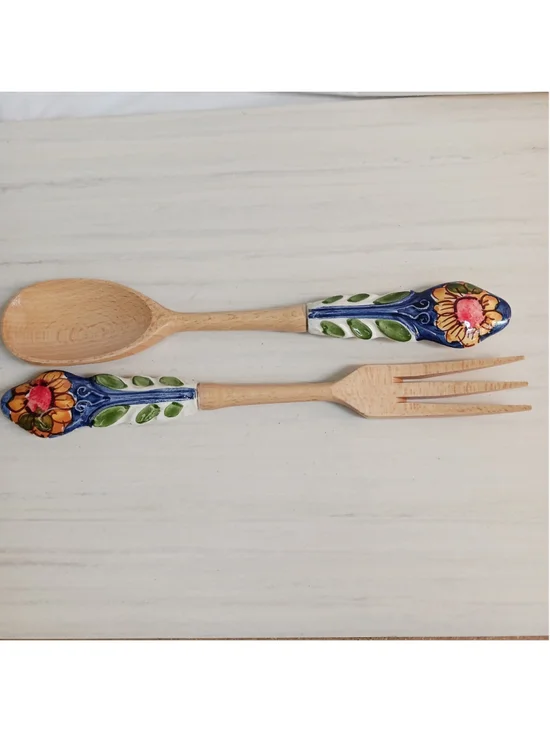 VTG Wood & Ceramic Hand painted Salad Serving spoon and fork set Farmhouse