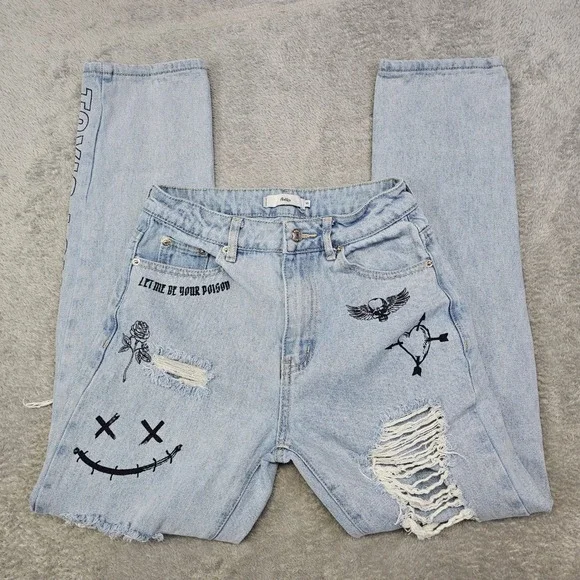 Adika Distressed Graphic‎ Jeans Y2K-Inspired Grunge Denim Juniors S W25 x L29