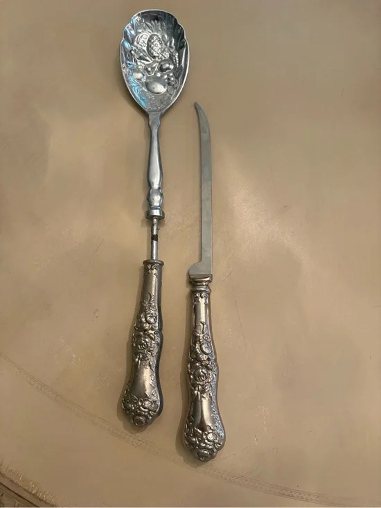 Ornate Silver-Tone Carving Knife and Server Set - Floral Handle