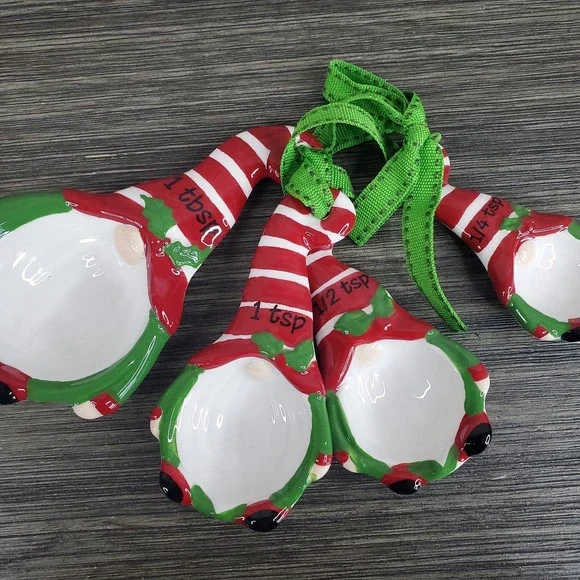 Ceramic Christmas Santa Gnome Measuring‎ Spoon Set Of 4 - Striped Caps, Ribbons
