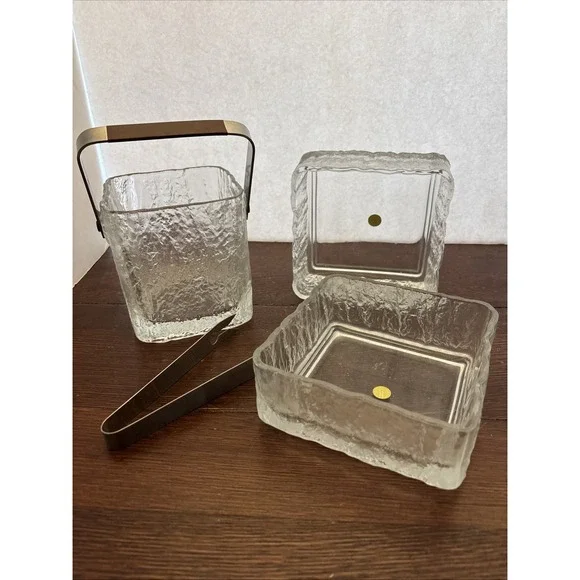 VTG‎ Hoya Japan Ice Scalloped Frosted MCM Square Ice Bucket & 2 Serving Bowls