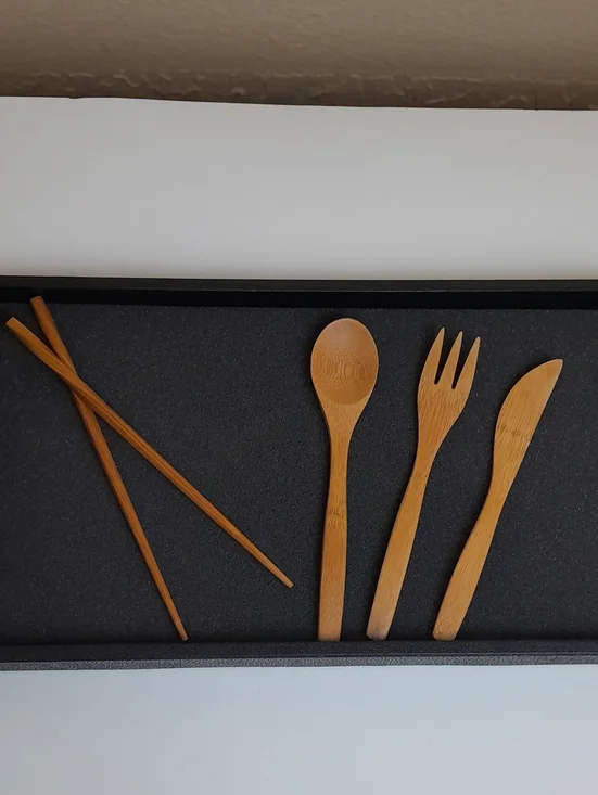 T-Go Ware Natural Bamboo Utensil Set - Brown Chopsticks, Spoon, Fork & Knife