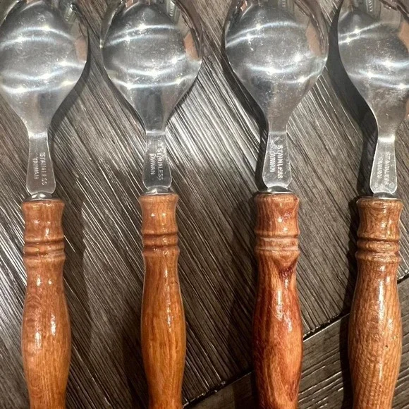 Vintage Stainless Steel Wood Handle Spoons Set of 4 Taiwan Mid Century Rustic