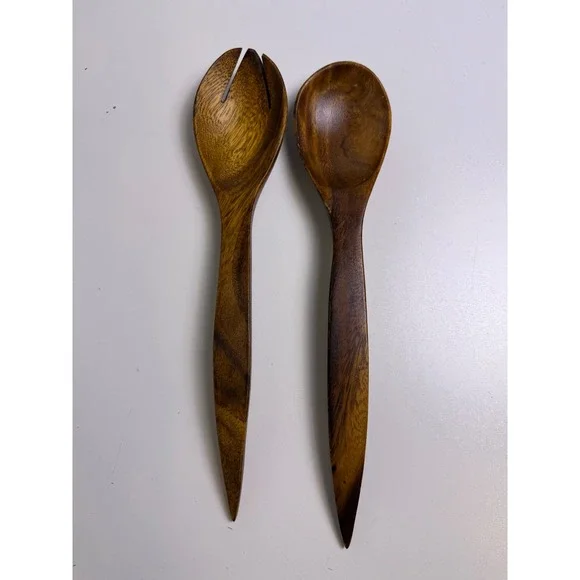 Vintage Hand Carved Dark Wood Salad Servers Set 12 Inch Tapered Handle 2‎ Piece