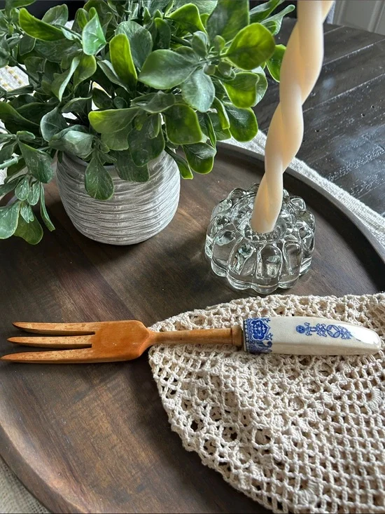 Vintage Dutch Blue Delft Wooden Serving Fork with Ceramic Handle