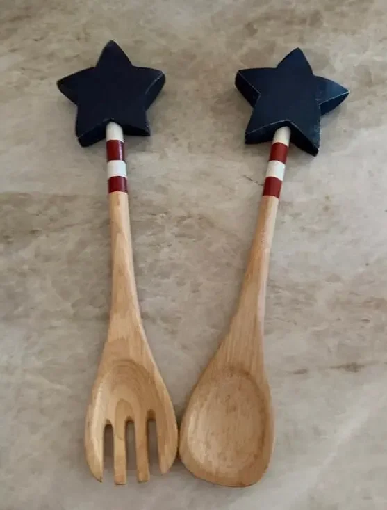Wooden salad serving spoons red white and blue stars Patriotic