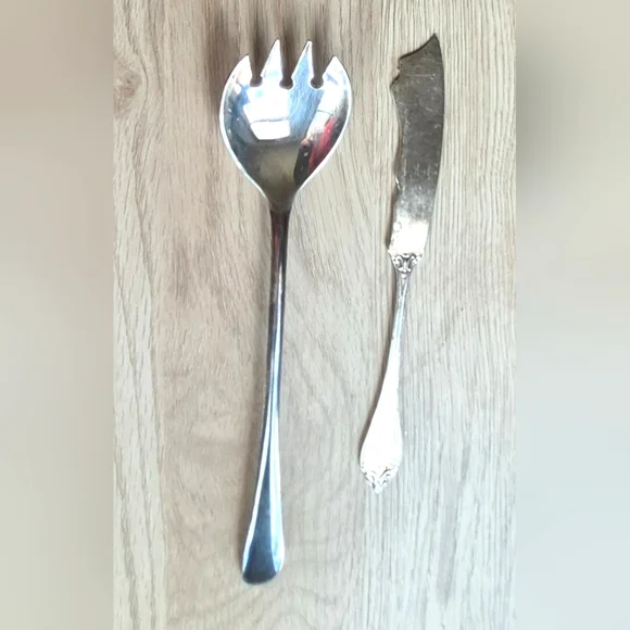 Vintage Silverplate Serving Salad Fork&Antique 1911 Silver Rose Butter Knife