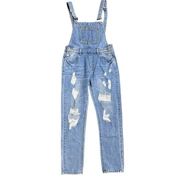 Blue Denim Overalls Bibs Size Small Cotton Blend Distressed Ripped Straight Leg