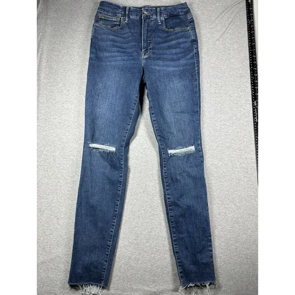 Good American Good Legs Jeans Women's 4/27 Skinny Dark Wash Blue Stretch Raw Hem