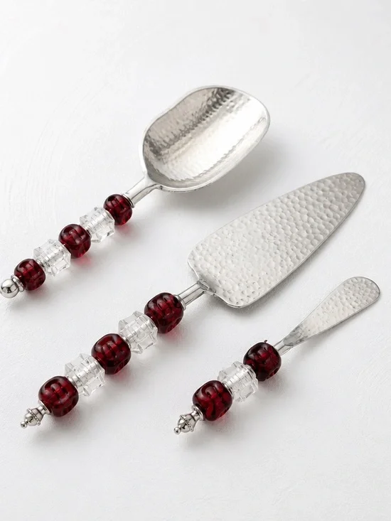 Beaded 3 Pc Pampered Chef Serving Set,Butter Knife Pie Sever & Ice Scoop Red/Clr
