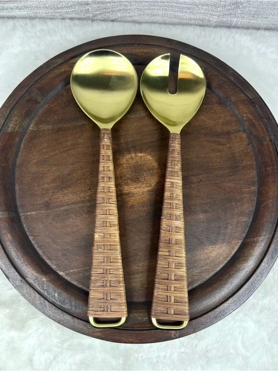 Zodax Gold Serving Utensils with Rattan Wrapped Handles Boho