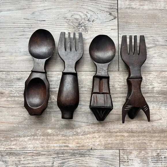 Vintage Western Carved Wooden Salad Servers Spoon Fork Rustic Cowboy Utensils