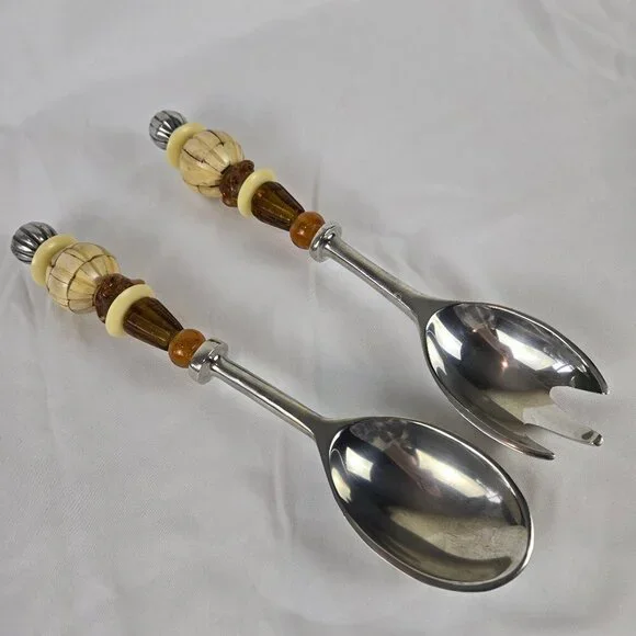 Vintage Serving Pieces Fork Spoon Amber Glass Cream Bakelite Beads Silver Plate