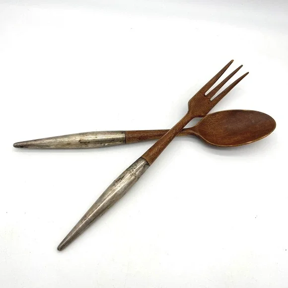 Vintage Mid Century Modern Teak Wood and Sterling Silver Salad Serving Set