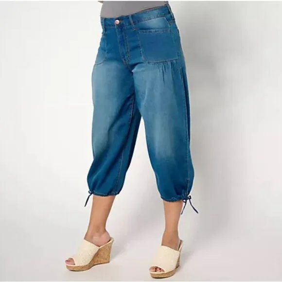 LOGO by Lori Goldstein Regular Wide Leg Crop Jeans w/ Ties-Med Wash- Reg 0