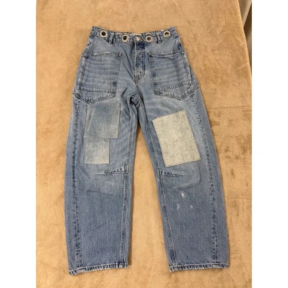 We The Free Moxie Low Rise Barrel Jeans‎ Light Wash 25(30) Blue Patchwork  EUC