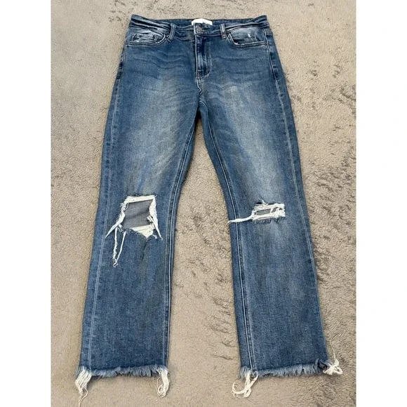 Vervet Jeans Womens 29 Straight Leg Distressed Raw Hem Ripped Medium Wash Blue