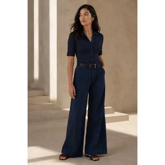 NWT Banana Republic‎ Wide Leg Jean Women 32 Navy Blue High Rise Patch Pocket
