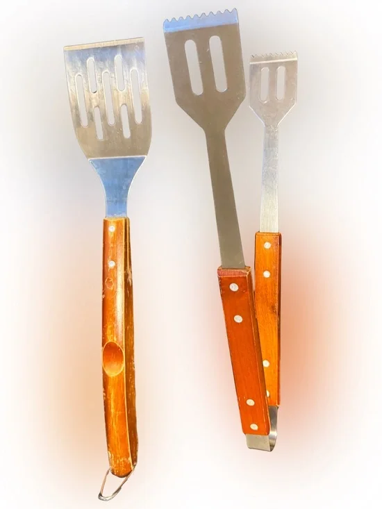 Wood-Handled Stainless Steel BBQ Spatula and Tongs Set - Brown