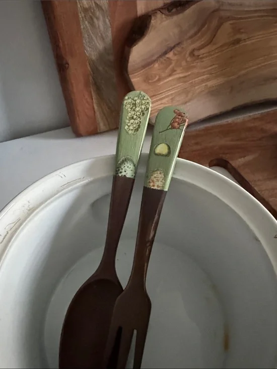 Vintage Green and Brown Wooden Salad Serving Utensil Set