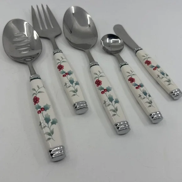 Pfaltzgraff Winterberry Hostess Serving Utensil Set 5 Pc White Handle Holly Berr