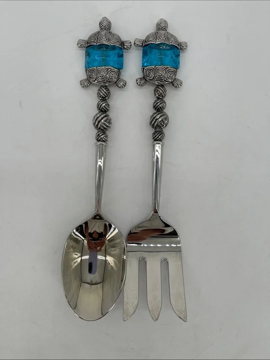 Sealife Turtle Salad Servers Glass/Metal