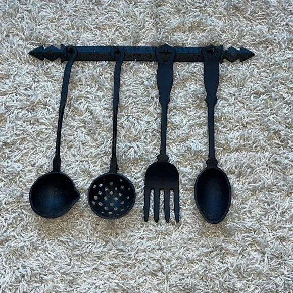 Vintage Four (4) Piece Set of Cast Iron Kitchen Utensils - Fork, Skimmer Spoon,