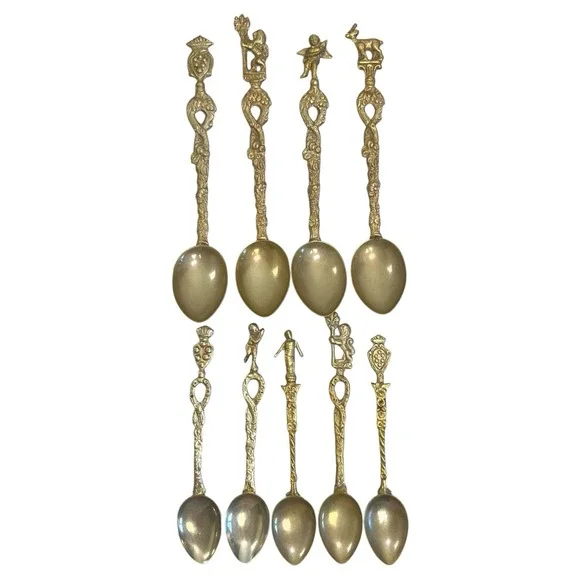 Vintage Set of 9 Brass Souvenir Demitasse Ornate Spoons Montagnani Made In Italy