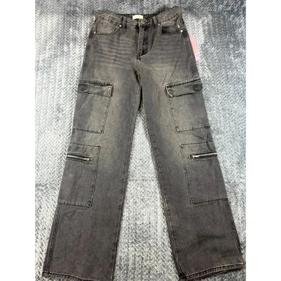 Lilac Sunset Wide Leg Jeans Womens 9/10 Gray Cotton High Rise Cargo Multi Pocket