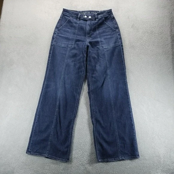 American‎ Eagle Jeans Womens 10 Blue Super High Rise Baggy Wide Leg Dark Wash