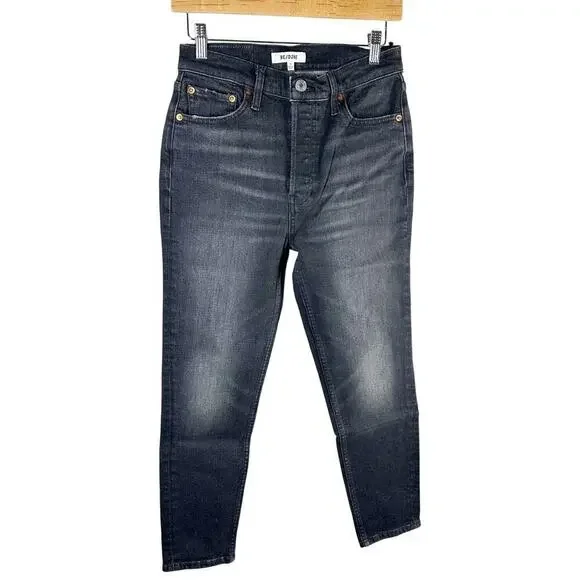 RE/DONE 90s High Rise Ankle Crop Size 28 Onyx Fade Button Fly Stretch