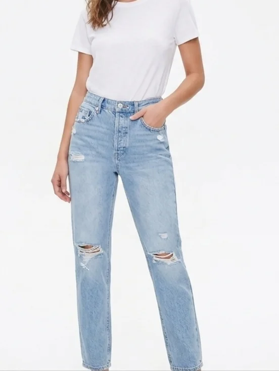 Forever 21 Premium 100% Cotton Distressed Jeans 25 High Rise Button Fly Mom Jean