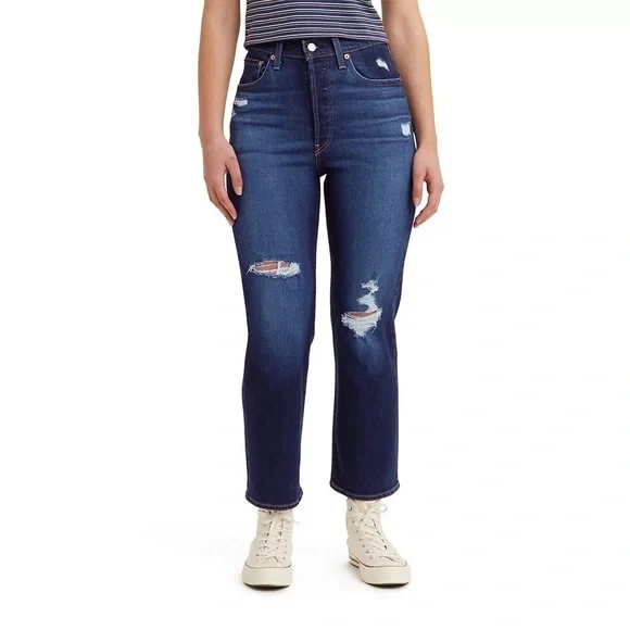 Levi’s Ribcage Straight Ankle Jeans High Rise Dark Wash Distressed Size 26