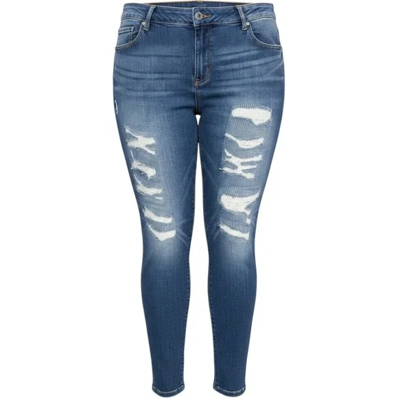 Torrid Bombshell Skinny Jeans 28R Medium Wash Distressed Ripped Raw Hem Blue