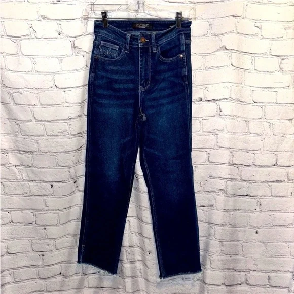 Judy Blue Women’s Denim Jeans Sz 0/24 Cropped Straight Leg Raw Hem Mid Rise
