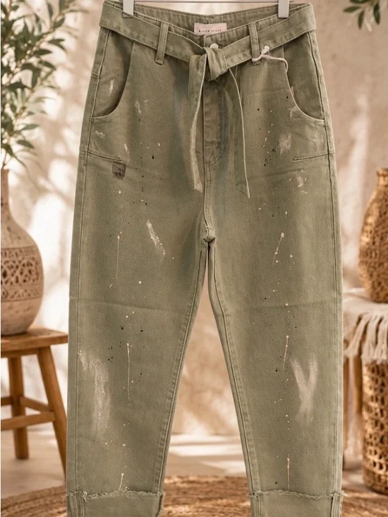 RISEN Jeans Paint-Splatter Olive Green Tie-Waist -NWT