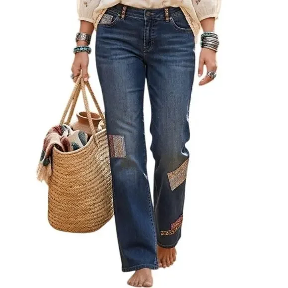 J. Jill Festival Patch Jeans Womens Size 8 Blue Stretch Boho Limited Edition